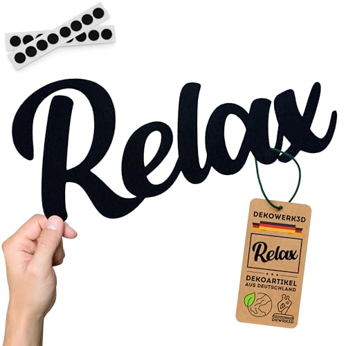 DKWRK3D Relax Schild klebend - Kunststoff Chill Lounge Schriftzug - Badezimmer Deko Wand - Entspannung Wanddekoration - Wanddeko Yoga - Home Wandsticker - Spa Wandschild Wohnzimmer Wanddeko (L)