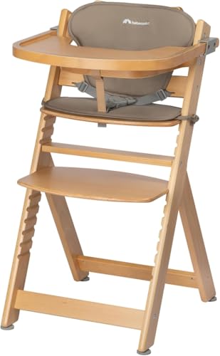 Bebeconfort Timba + Cojín, Trona de Bebé Evolutiva, 6 Meses-99 Años, hasta 110 kg, Bandeja Extraíble, Asiento/Reposapiés Regulables, Arnés Seguridad, Compatible con Timba Baby, Madera Natural + Beige