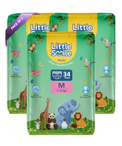 Image of Baby Diapers Pant Style | Size - M - 34 (Pack of 3) | Odorless and Antibacterial Layer with Urine Indicator (102 Pieces)