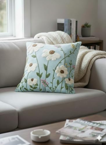 Image of CASA-NEST Linen Embroidery Cushion Cover, Size -16x16 inch, Pack of 2 pc, Decorative Sofa Cushion (Aqua, 2)