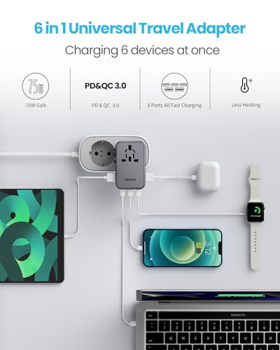 Image of Universal Travel Adapter, VINTAR 75W GaN International Power Adapter with 3 USB-C PD and 2 USB-A QC Charging Ports, All-in-one Outlet Converter Wall Charger for Europe UK USA AUS(Type C /G /A /I), Grey