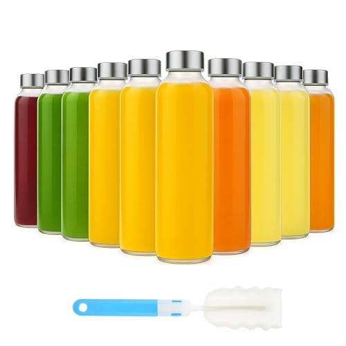 [10 Pack]18 oz Glass Water Bottles with Lids, Juice Bottles, Clear glass juice bottle for juicing, Eco-Friendly Reusable Glass Juicing Bottles with Stainless Steel Lid, BPA Free,Leak-Proof
