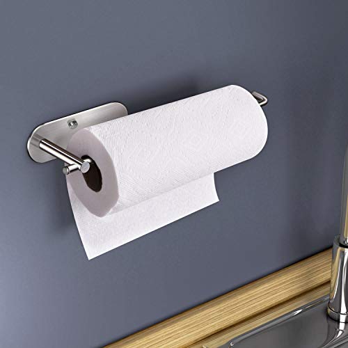 Image of VAEHOLD Self Adhesive Paper Towel Holder Under Cabinet Mount, Wall Mounted Paper Towel Roll Holder for Kitchen, Bathroom, Wall - SUS304 Stainless Steel (Silver)