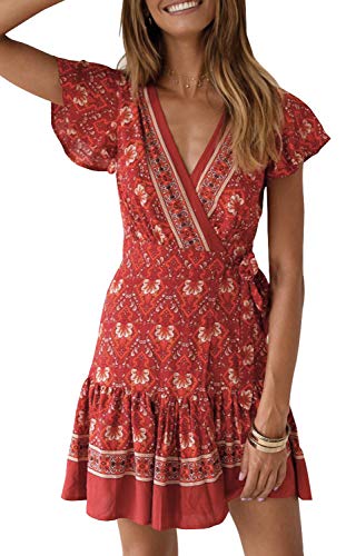 ZESICA Women's Summer Wrap V Neck Bohemian Floral Print Ruffle Swing A Line