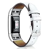 Hotodeal Band Compatible Fitbit Charge 2 Replacement Bands, Classic Genuine Leather Wristband Metal Connectors, Fitness Strap Women Men Small Large White