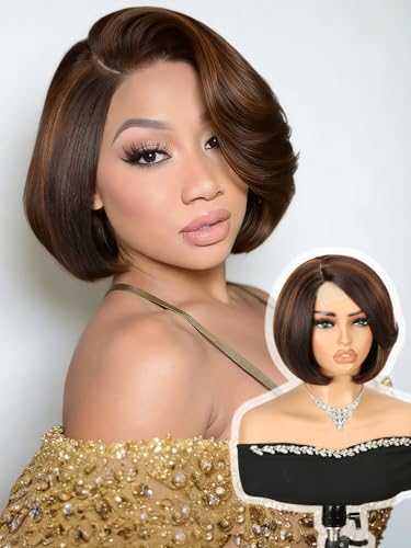Quantum Love Highlight Bob Wig Layered Cut Mixed Brown Side