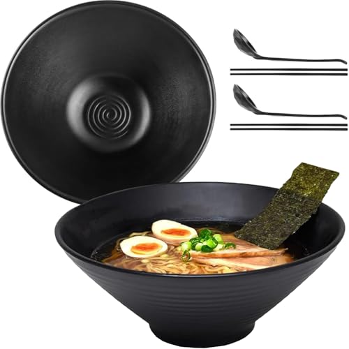 WEIWUXIAN 2 Juegos 1500ml Ramen Bowl de Melamin, Tazón de Ramen Japonés con Palillos y Cuchara, Ensaladeras, Negro Cuencos Grandes de Fideos para Ramen, Fideos, Ramen Buldak, Ensalada (1500ml)