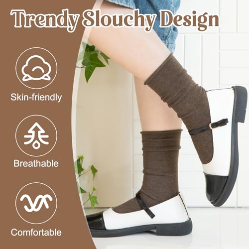 Image of Chalier 5 Pairs Slouchy Socks for Women, Soft Cotton Crew Socks | Breathable Blend, Elastic Cuff, Cute Roll Top, Calf Scrunch Tube, Easy Pull On, Flexible Stretch Motion, Casual Daily Wear