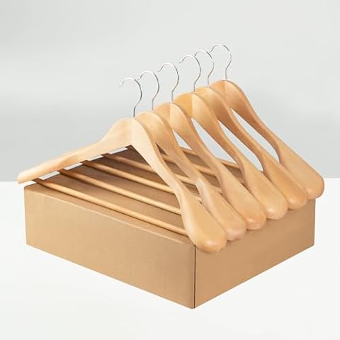 ELONG HOME Suit Hangers, 6 Pack Heavy Duty Wooden Hangers with Extra Wide Shoulder, 17.5″ Luxury Coat Hangers for Closet, Natural Hangers with 360° Swivel Hook & Strong Pant Bar Cover