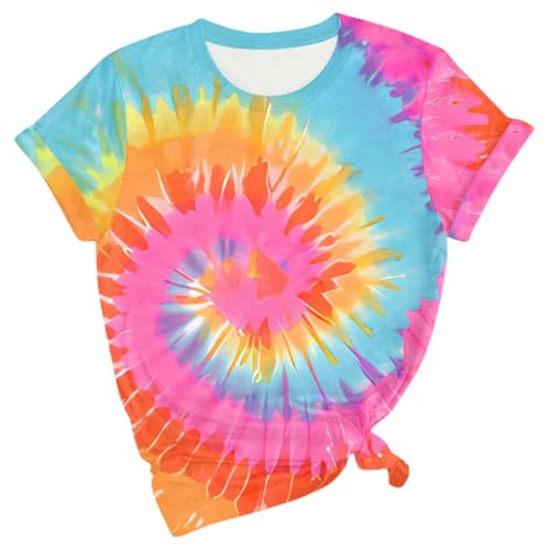 2025 - T-shirt imprimé tie-dye arc-en-ciel pour femme - Haut décontracté à manches courtes pour l'été, Multicolore, XXL
