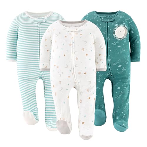 The Peanutshell Baby Sleepers for Boys or Girls Set of 3 - Soft Cotton Unisex Footed Pajamas for Newborns - Celestial