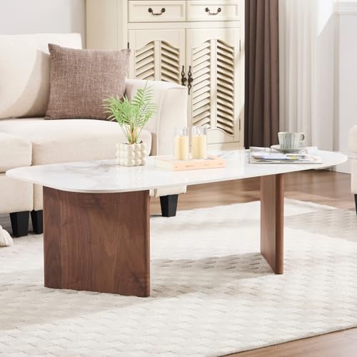 Ya-Home Modern Marble Coffee Table, 51” Side Table with Irregular Surfboard Shape Top Solid Wooden Base, Reception End Table for Living Room, Balcony,Office