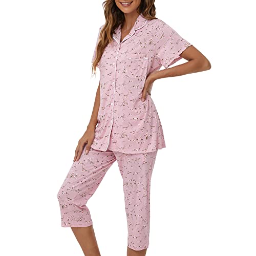 Image of Tugege Capri Pajamas Set Womens Button Down Short Sleeve Lounge Sets Sleepwear Notch Collar Top & Capri 2 Piece PJ Sets