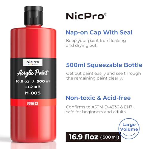 Image of Nicpro Red Large Acrylic Paint (16.9 oz, 500 ml), Rich Pigments, Non Toxic