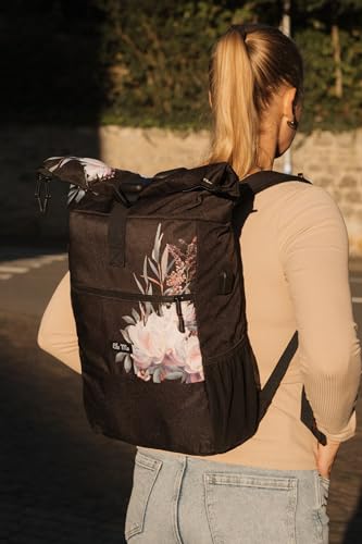 Ela Mo Rucksack Damen - Rolltop schön u. durchdacht - Laptop Rucksäcke für Frauen - Anti Diebstahl Tasche für Schule, Uni, Business (Beauty in Darkness)