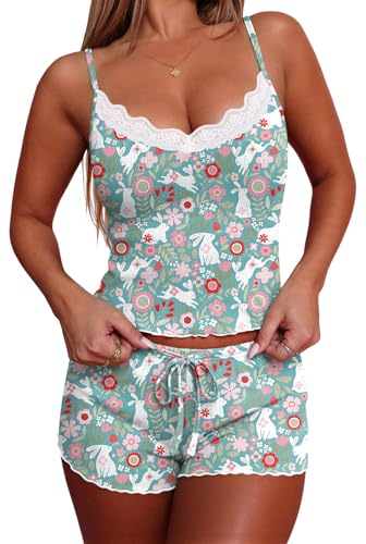 Ekouaer Womens Pajama Sets 2 Piece Sexy Lingerie Sleepwear with Pockets Lightweight Lace Cami Shorts Adjustable Straps Pjs