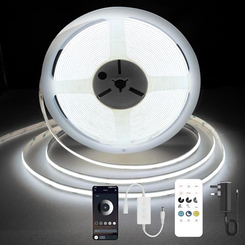 TTWAY COB LED Strip 7.5M, White 6000K LED Strip Lights, 24V Dimmable LED Tape Light, Bluetooth App, CRI92+,8mm Width, with Remote Control and UKCA Power Supply,for Home Decoration, Kitchen, Mirror.