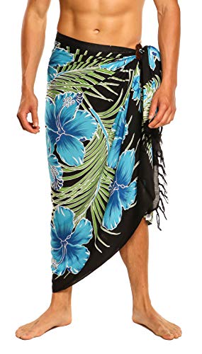 1 World Sarongs Sarong for Men Hawaiian Floral Sarong in Turquoise/Black