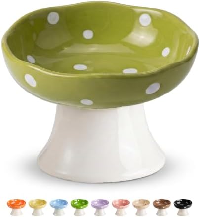 TRUNDISAN Mushroom Cat Bowl, Elevated Ceramic Cat Bowl, Avocado Green