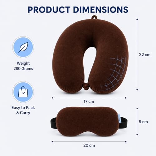 Image of Restify Premium Memory Foam Travel Neck Pillow with Eye Mask | Soft Velvet U Shape Neck Support Cushion for Flight, Airplane, Car & Office Travel | Portable Pillow for Men & Women | Brown