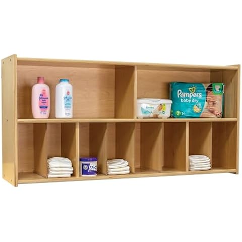 Tot Mate Natural Birch Plywood Diaper Wall Storage (Assembled) 46" W x 12.5" D x 23.5" H, Baby Diaper Caddy Organizer for Daycares, Nursery, 2 Large & 8 Small Storage Compartments Cover