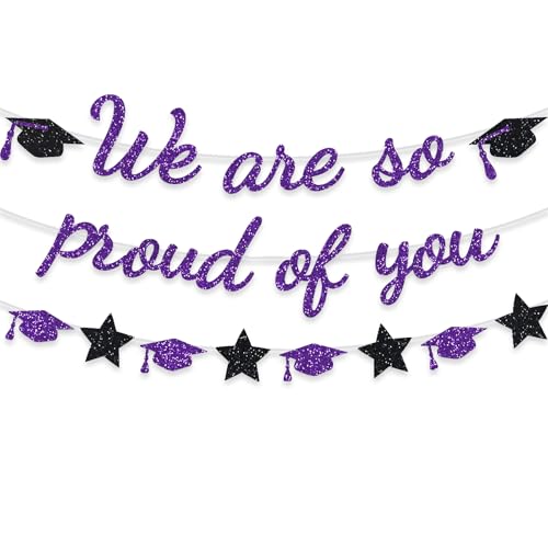 Image of We Are So Proud Of You Banner Graduation Party Decorations Glitter Congratulations Class Grad Ideas Purple
