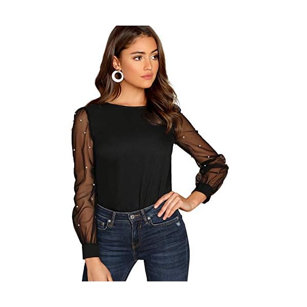 Floerns Women's Pearl Mesh Sheer Long Sleeve Blouse Shirts Tops Black M