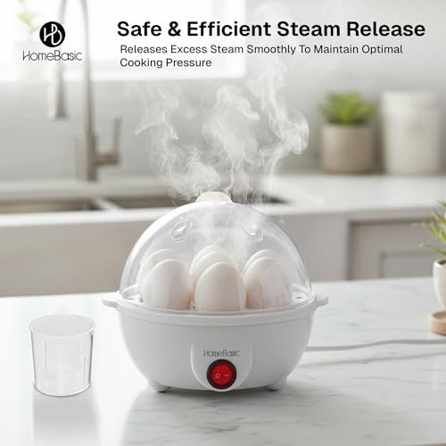 Image of HOMEBASIC 7-Egg Electric Cooker - Automatic Egg Boiler, Soft /Medium /Hard Boiled, One-Touch Operation, LED Indicator, 350W Rapid Heating, Easy Clean