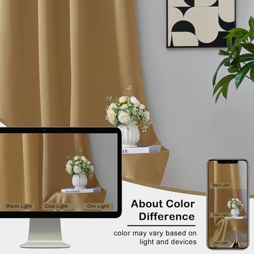 Image of Gold Short Blackout Curtains for Bedroom 45 Inches Long 2 Panels Set, Solid Thermal Insulated Blackout Curtains, Energy Saving Soft Fabric Window Drapes, Dual Rod Pocket, 2x40Wx45L Inches