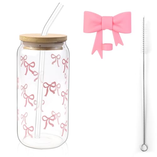 YNOYMO Trinkgläser mit Deckel und Strohhalm Glass Tumbler 500ml Bubble Tea Becher Eiskaffee Gläser Bow Glasbecher Eleganter Trinkbecher für Iced Coffee Smoothie Matcha Cocktail