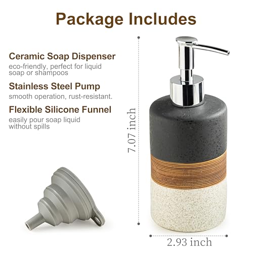 Image of Ceramic Dish Soap Dispenser for Kitchen, Hand Soap Dispenser | Bathroom Soap Dispenser Set with Silicone Funnel, Stainless Steel Pump | Shampoo and Conditioner Dispenser, 12 Oz Black