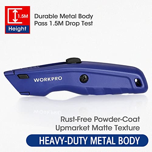 WORKPRO Premium Utility Knife, Retractable All Metal Heavy Duty Box Cutter, Quick Change Blade Razor Knife, with 10 Extra Blades, Set of 3 (Black, Red, Blue) by WORKPRO - Image 3