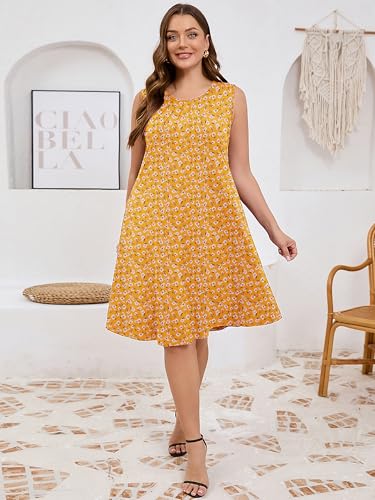 Image of AusLook Plus Size Midi Dress for Women Sleeveless Casual Summer Tank Dress with Pockets A-Line Loose Swing Dress 1-5X