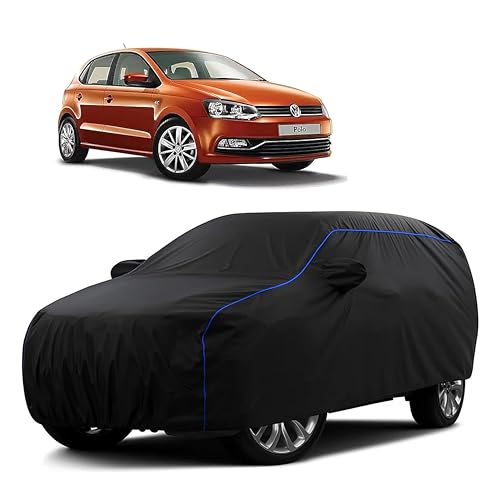Image of Sulfar 100% Water Resistant Car Body Cover Compatible with Mirror for Volkswagen Polo Equisite (Triple Stitched, Full Bottom Elastic, Black Tafetta with Blue Piping)
