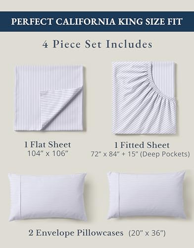 Image of LANE LINEN 100% Organic Cotton Printed California King Sheets Set, 4-Piece All Season Fully Elasticized Deep Pocket Fits Mattress Upto 15 inch, Mercerized Printed Cal King Sheet Set -Ticking Stripe Blue