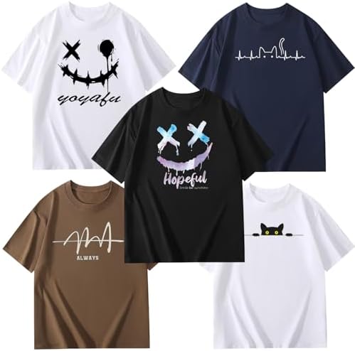 Hisitosa Men's T-Shirts, Short Sleeve, 5-Pack, 100% Cotton, Printed, Summer Wear, Men's, Stylish, Loose Fit, Large Size, Sweat Stain Resistant, Antibacterial &amp; Odor Resistant, Soft
