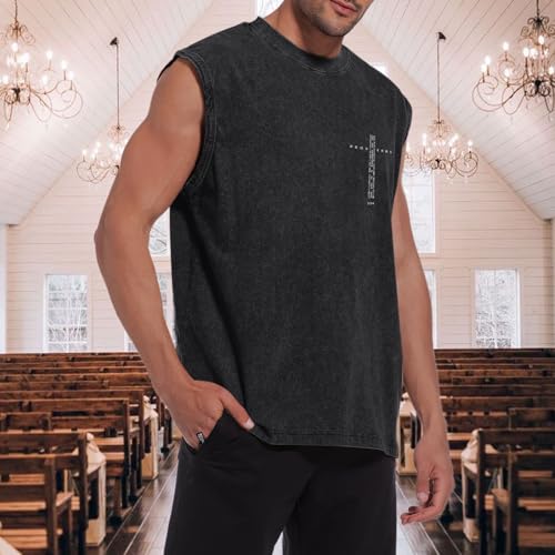 Image of Christian Gym Workout Tank Tops for Men Vintage Bible Verse Cross Graphic Sleeveless Muscle Shirts Acid Wash Tanks Top