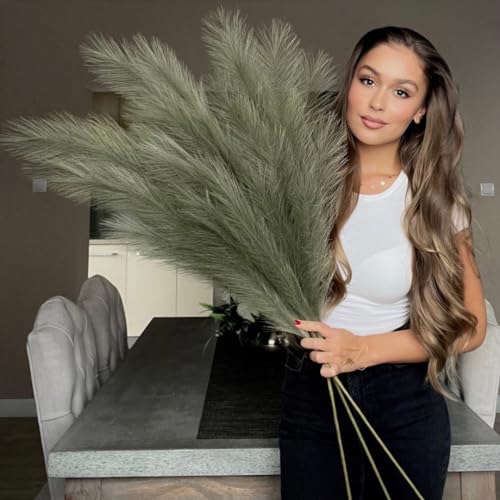 VOULUX Extra Large Tall Sage Green Fake Faux Artificial Pampas Grass Large Fluffy x3 115cm Stems x18 Decorative Artificial Flora Feathers For Floor Vases Tall Plant Flowers Long Pampas Grass - Image 2