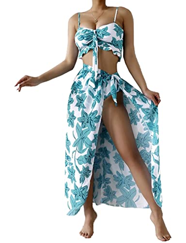 Damen-Badeanzug, 3-teilig, Blume, Strandkleid, Sommer, Rüschen-Bikini,...