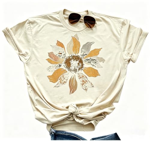Women Boho Wildflowers Cottagecore Shirt Vintage Butterfly Floral Botanical Graphic Tees Garden Lover Tops (Sand, L)