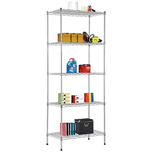 Image of BestOffice | 5-Tier Wire Storage Shelves | 14x24x60 | Chrome | Heavy-Duty Metal Shelf, Holds Upto 750 lbs | No-Tool Assembly | Ideal for Home & Garage Shelving