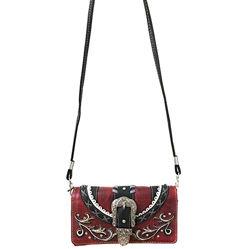 Justin West Trendy Western Rhinestone PU Leather Western Red Wallet3