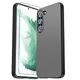 CASEJEEN for Samsung Galaxy S23 Case with 1 Pcs Tempered Glass Screen Protector and 1 Pcs Camera Lens Cover,PU Leather Rugged Shockproof Phone Cover,Grey