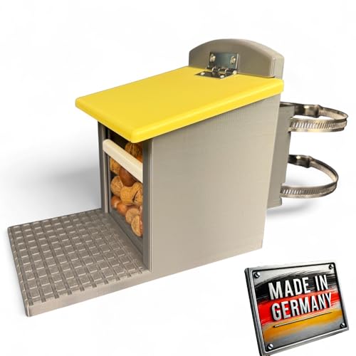 Eichhörnchen-Futterhaus – mit Geländerbefestigung für Balkon, Dachrinne & Zaunpfosten – witterungsbeständig, robust, langlebig (Grau mit gelbem Dach, mit Geländerbefestigung)