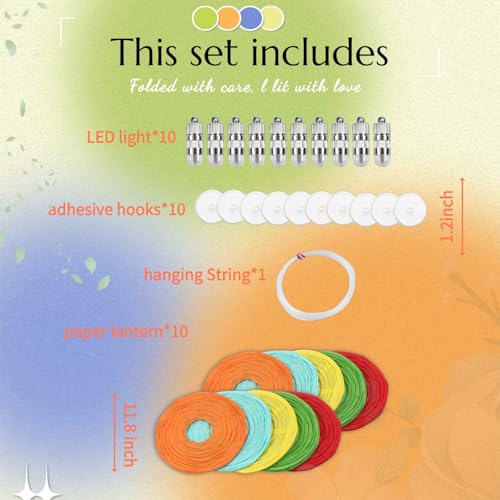 Image of Colorful Chinese Paper Lanterns with LED Lights, 10-Pack 12inch | Hanging Lights for Birthday Party Decorations, Ceiling Decor, Rainbow Classroom, Home Party, Baby Shower & Carnival