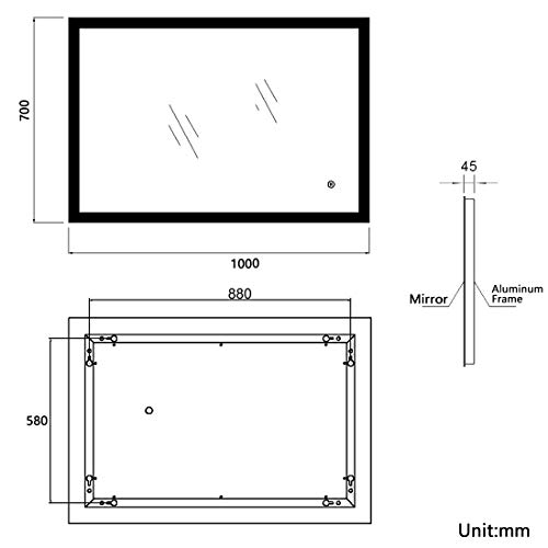 Meykoe 1000x700mm Illuminated LED Bathroom Mirror Anti-Fog LED Mirrors with Lights + Touch Switch Control + Demister