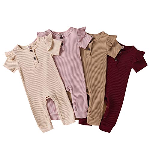 baskopa Baby Girl Boy Knitted Rompers 18-24 Months Solid Short Sleeve Basic Plain Ribbed Bodysuit One-Piece Jumpsuit Outfits Red