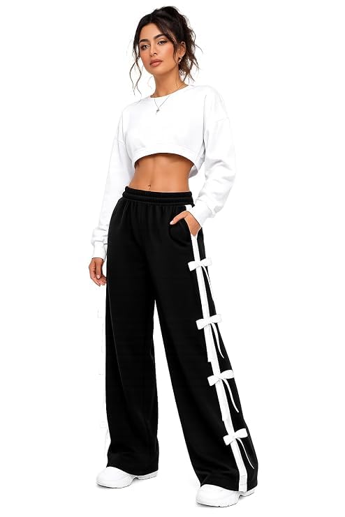 Women High Waist Wide Leg Trousers | Side Bow Ribbon Track Pants | Casual Loose Fit Lounge Wear Palazzo Pants for Girls & Women-image-18