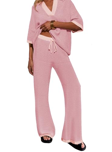 FIRVESPY Womens 2 Piece Outfits Set Oversized 3/4 Sleeve V