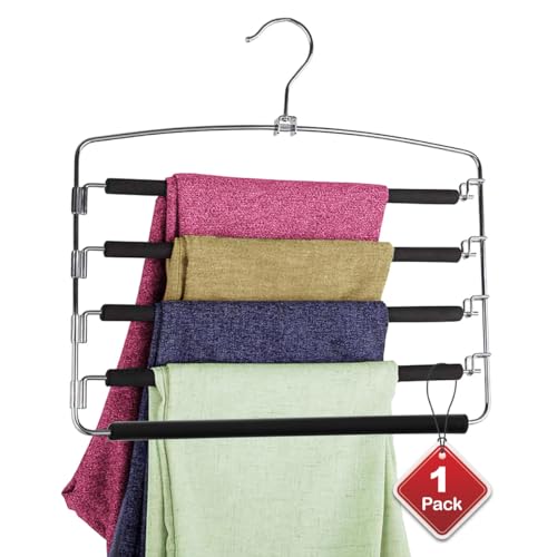 GOMMLE 5 Tiers Pants Hangers, Space Saving Multi Layers Stainless Steel Pant Slack Hangers, Foam Padded Swing Arm Clothes Hangers Closet Storage Organizer for Pants Jeans Scarf Hanging (1 Pack)